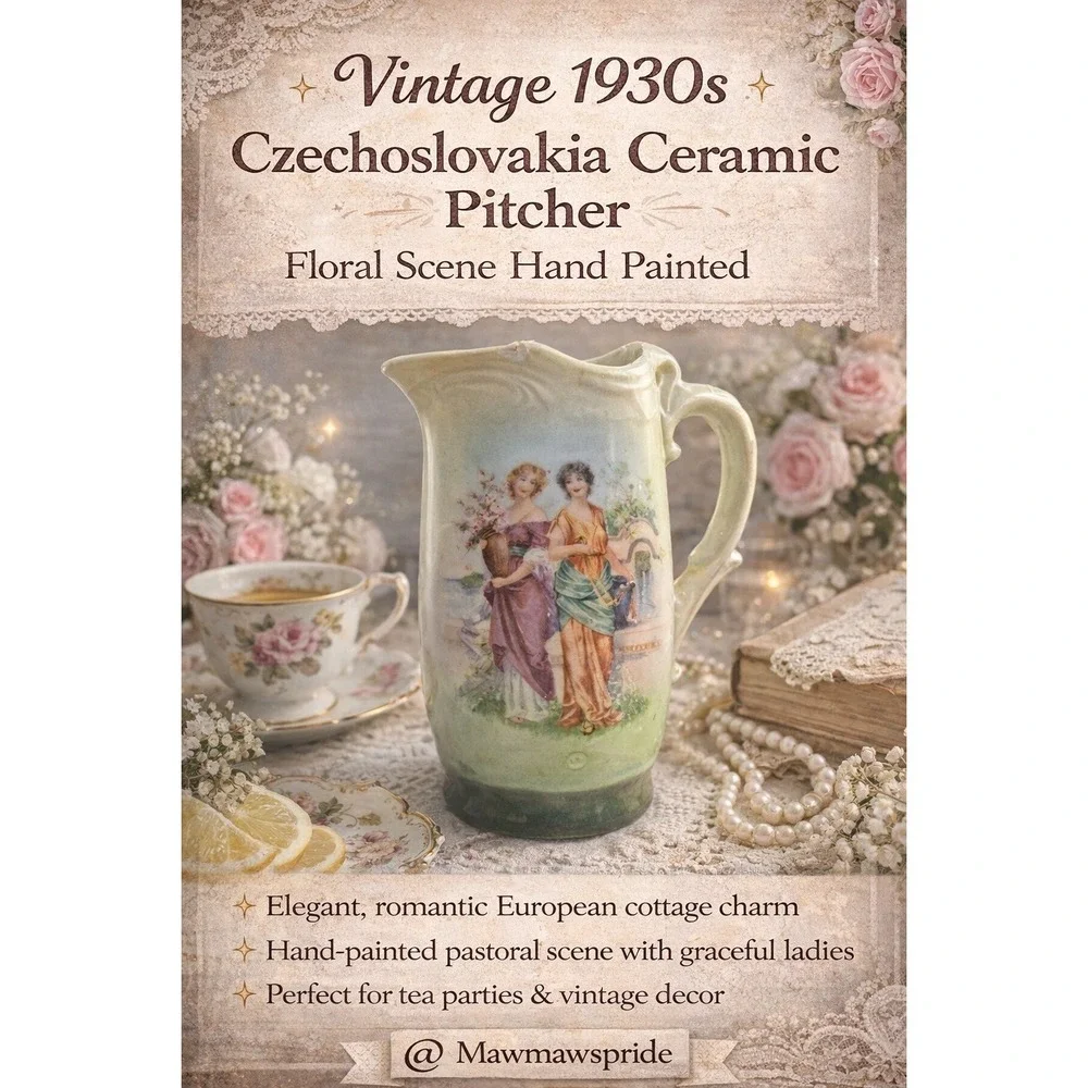 Vintage 1930s Czechoslovakia Ceramic Pitcher Hand Painted Floral Pastoral‎ Scene